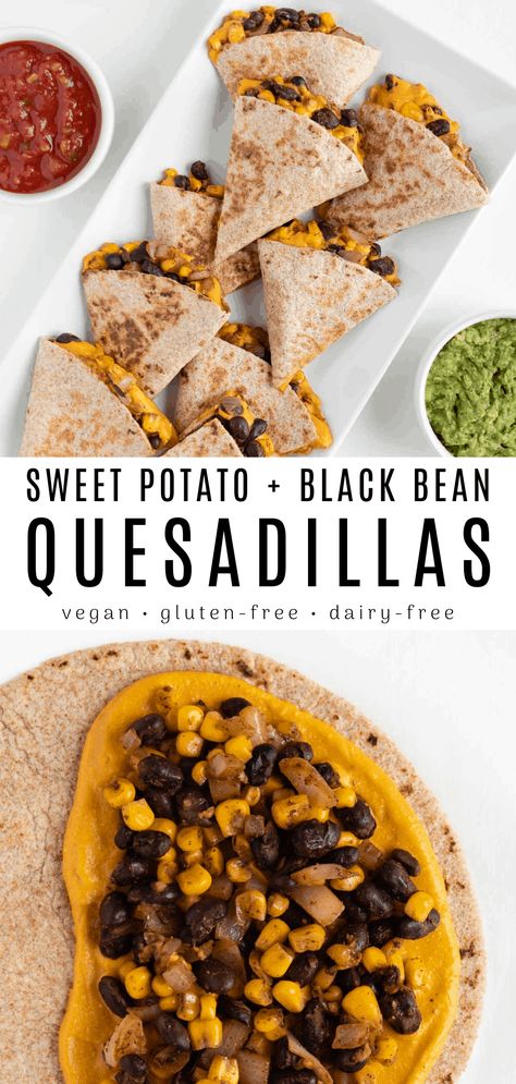 Sweet potato black bean quesadillas are vegan, healthy, dairy-free, and so delicious! This Mexican-inspired dinner recipe is loaded with vegetables. Crispy tortillas are stuffed with a creamy sweet potato cheese sauce, spicy black beans, and corn. These vegan quesadillas are made without cheese and without meat! #quesadillarecipes #quesadillas #sweetpotatorecipes #veganrecipes #vegandinner #beans #mexicanfoodrecipes #mexicanrecipes #cincodemayo #veganmeals #plantbasedrecipes #meatlessmonday Sweet Potato Cheese, Spicy Black Beans, Vegan Quesadillas, Sweet Potato Quesadilla, Sweet Potato Black Bean, Sweet Potato Black Beans, Unhealthy Food, Vegan Dinner Recipes, Diet Meal Plans