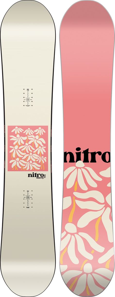 The Mercy is a freestyle board with a friendly flex and cam-out profile for confidence building support in and out of the park. Nitro's top female pros helped design this one to be worthy of worldwide shreddage, but still have a little mercy when you take a spill at the local hill. Snow Boarding Gear Woman, Cool Snowboard Design, Cute Snowboards, Bataleon Snowboard, Snowboards Women, Snowboard Fit, Snowboards Design, Pink Snowboard, Snowboard Designs