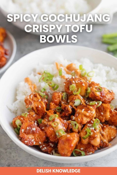 Spicy Gochujang Crispy Tofu Bowls 53 Gochujang Tofu, Korean Tofu, Tofu Bowls, Tofu Rice, Tofu Bowl, Healthy Asian Recipes, Buddha Bowls Recipe, Tempeh Recipes, Buddha Bowls