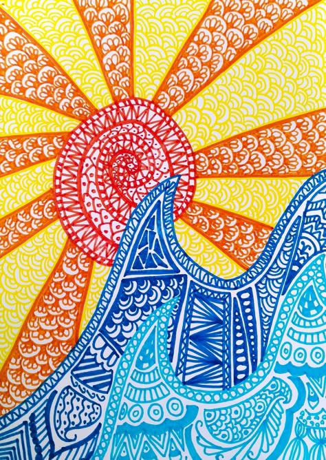 Waves and Sun doodle sketch pen doodling mandala art of the waves and the sun Beach Mandala Art, Doodle Art Ocean, Beach Zentangle, Ocean Zentangle, Sun Mandala Design, Summer Season Drawing, Wave Mandala, Sunrise Mandala, Sun Doodle