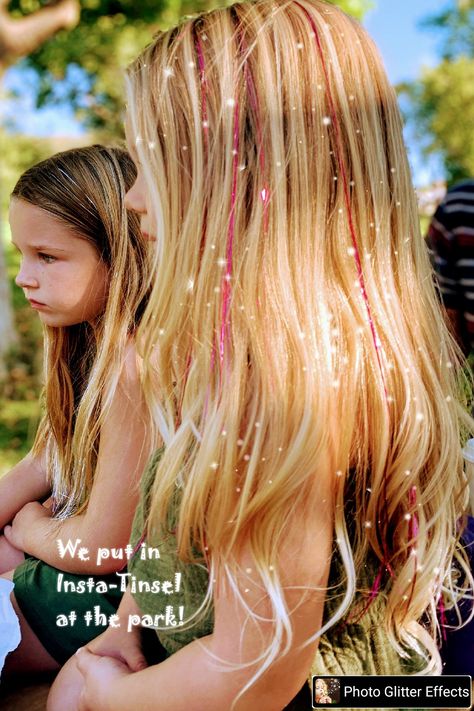 Stick on sparkle strands never go out of style with little girls! Trending Hair Accessories, Tinsel Extensions, Glittery Hair, Tinsel Hair, Vivid Hair, Girl Parties, Vivid Hair Color, Hair Tinsel, Trending Hair