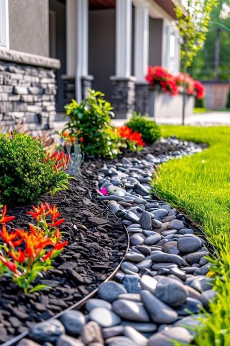 Create a small zen garden with raked gravel or sand.
Add larger rocks strategically for a peaceful, minimalist design.
Incorporate a bench or a small water feature for a tranquil spot.
Boulder Features:

Use one or two large boulders as focal points in your landscape.
Surround them with smaller rocks and plants for a natural look.
Consider adding a spotlight to highlight the boulders at night.
Hashtags for Sharing
#RockGarden
#LandscapingIdeas
#FrontYardDesign
#GardenRocks
#RockPathway
#OutdoorL Side Yard Mulch Ideas, Rocks And Mulch Landscaping Front Yards, Stone And Mulch Landscaping, Rock And Mulch Flower Beds, Rock And Mulch Landscaping Front Yards, Rock Mulch Landscaping, Mulch And Rock Landscaping Ideas, Mulch Landscaping Ideas Front Yard, River Rock And Mulch Landscaping