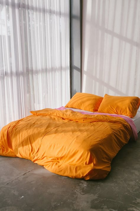 Tangerine Bedding, Orange Comforter, Beach House Aesthetic, Textured Quilt, Orange Bedding, Summer Lounge, Bedroom Orange, Sleep Time, Warp And Weft