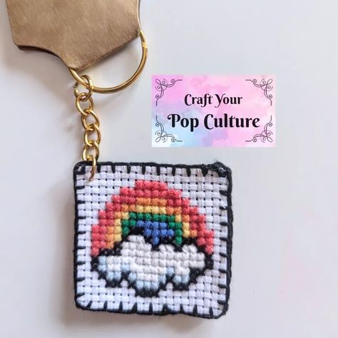 Rainbow cross-stitch keyring with felt background now available! #rainbow #crosstitch #craftyourpopculture #craft #red #yellow #orange #blue #white #green #nature Green Nature, Yellow Orange, White Green, Red Yellow, Pop Culture, Blue White, Cross Stitch, Felt, Rainbow