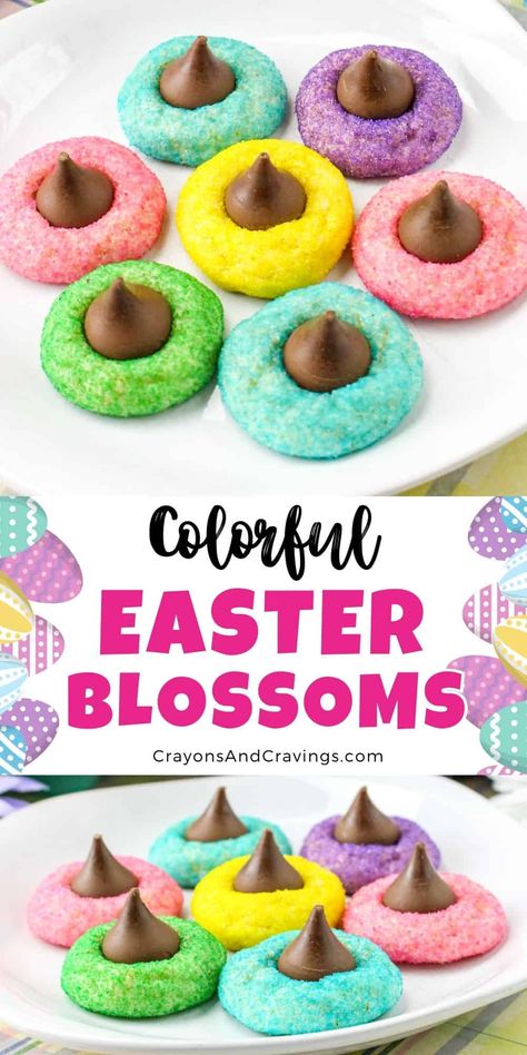 Easter blossom cookies are a colorful, festive twist on classic blossom cookies! A soft and chewy sugar cookie base is rolled in colorful sugar, baked to perfection, and topped with a Hershey’s kiss to create these beautiful and tasty Easter cookies. #eastercookies #easterdesserts Chewy Sugar Cookie, Easter Deserts, Easter Cookie Recipes, Easter Party Food, Easy Easter Treats, Easy Easter Desserts, Cookie Base, Easter Snacks, Easter Sugar Cookies