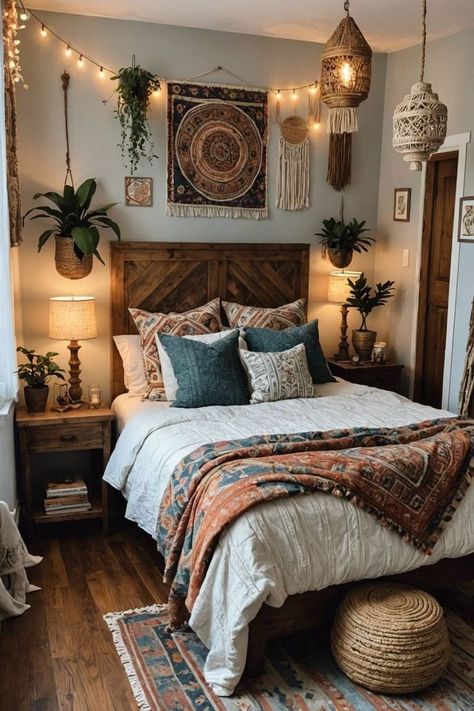 Room Boho Decor Bedroom Ideas, Boho Bedroom Grey, Boho Colorful Bedroom, Bohemian Farmhouse Bedroom, Boho Small Bedroom, Budget Room Makeover, Airbnb Decor Room Ideas, Boho Chic Room, Boho Style Bedroom Decor