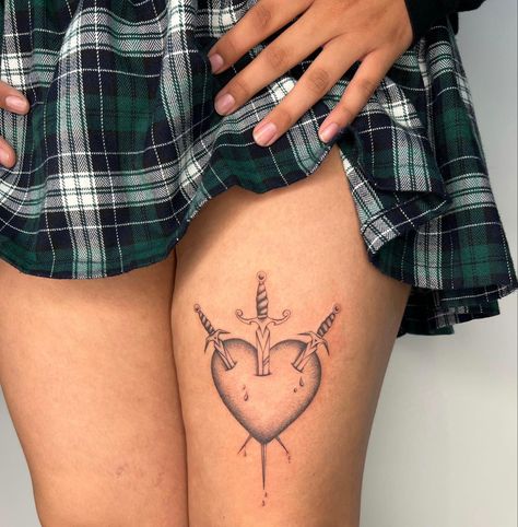 ⚔️ Heart With 3 Swords Tattoo, Heart With Knives Tattoo, Three Of Hearts Tattoo, Three Swords Tattoo Design, Heart With Swords Tattoo, Fireheart Tattoo, 3 Of Swords Tattoo, Three Of Swords Tattoo, Swords Tattoo