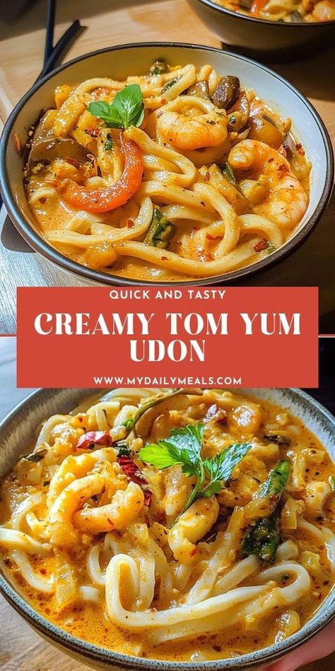 Your New Favorite Comfort Food Craving something bold and creamy? This Tom Yum Udon recipe combines the boldness of traditional Thai Tom Yum soup with the comfort of soft udon noodles. It’s quick to make and packed with flavors that will leave you wanting more! Udon Shrimp Noodle Recipe, Shrimp And Udon Noodles Recipe, Coconut Udon Noodles, Recipes Using Udon Noodles, Creamy Udon, Udon Noodle Recipe, Tom Yum Noodle Soup, Tom Yum Soup Recipe, Thai Tom Yum Soup