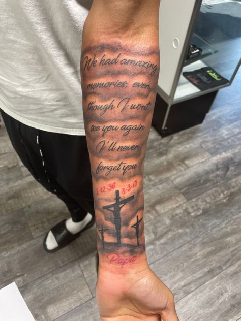 Time Waits For No One Tattoo Ideas, Half Sleeve Tattoos Outer Forearm, Tattoo Ideas For Men For Lost Ones, Tattoos With Clouds For Men, Psalm 23 Tattoo Forearm, Tattoos For Lost Father, Psalms 144:1 Tattoo, Psalms 73:26 Tattoo, Forearm Tattoo For Lost Loved One Men