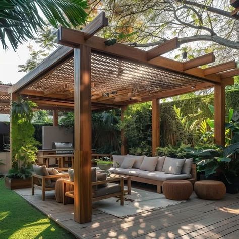 Wooden Pergola Ideas, Cabin Pergola, Wood Gazebo Ideas, Side House Walkway, Backyard Terrace Ideas, Pool Platform, Luxury Pergola, Outdoor Patio Design Ideas, Cozy Fire Pit