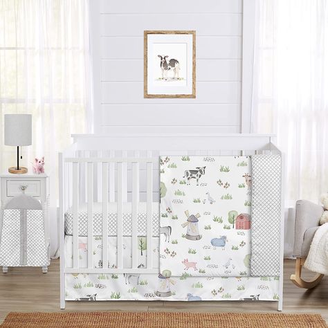 The 4pc On The Farm baby bedding collection by Sweet Jojo Designs will create a charming barnyard scene for your nursery. This whimsical gender neutral crib bedding set uses a sensational collection of exclusive brushed microfiber fabrics. It boasts a hand painted watercolor farmhouse print complete with pigs, horses, goats, geese, chickens and sheep, a coordinating lattice print and solid fabrics. The neutral but bold color palette of reds, blues, yellows and greens with grey accents will set y Neutral Crib Bedding Sets, Gender Neutral Crib Bedding, Watercolor Farmhouse, Girl Nursery Crib, Crib Liners, Neutral Crib, Crib Comforter, Perfect Nursery, Baby Crib Bedding Sets