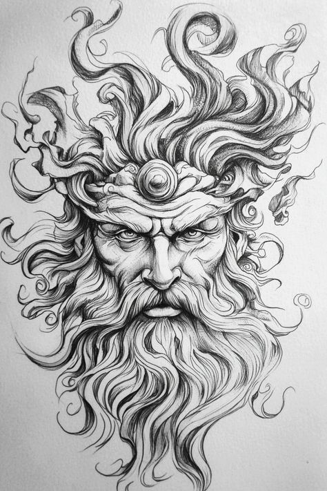 Tattoo sketch of Zeus with dynamic hair and a commanding expression, showcasing mythical power. Greek Mythology Tattoos Zeus, Zeus Tattoo Design Greek Gods, Greek God Sketch, Greek Mythology Drawings, Zeus Art, Bold Tattoo, Greek God Tattoo, Sketch Quotes, Printable Tattoos