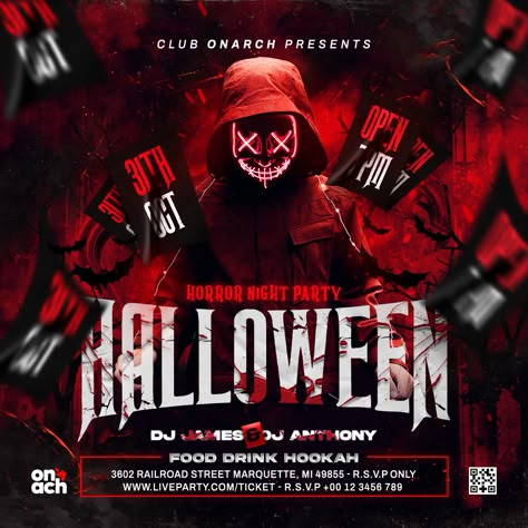 Halloween Dj Party Flyer Template Halloween Club Flyer, Halloween Party Template, Halloween Flyer Design, Halloween Event Poster, Halloween Poster Design, Party Social Media Post, Dj Party Flyer, Halloween Party Poster, Halloween Club