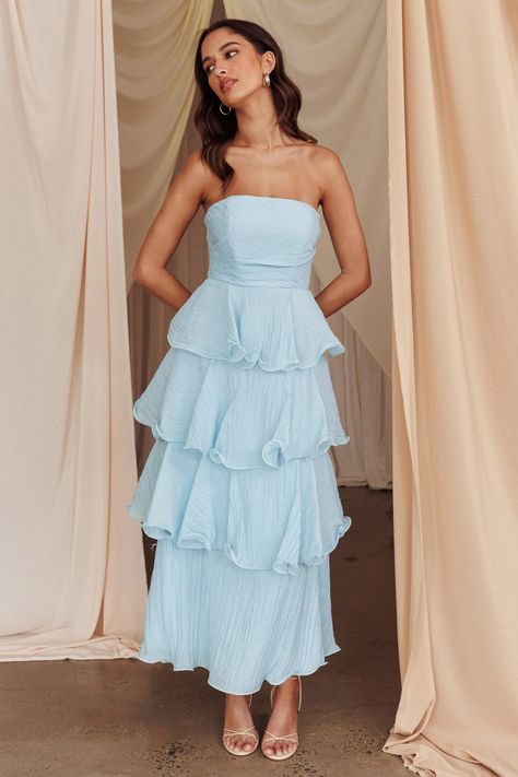 Giavana Strapless Layered Midi Dress Pale Blue by Selfie Leslie Pale Blue Dress Outfit, Whimsical Blue Dress, Flowy Formal Dress Long, Wedding Different Bridesmaid Dresses, Light Blue Fancy Dress, Where To Shop For Dresses, Preppy Long Dress, Blue Elegant Maxi Dress, Denim Blue Sundress