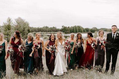 Bridal party in moody jewel tones, BHLDN opaline wedding dress, tullymore golf resort in Canadian lakes Michigan, bridesman In bridal party, DIY bouquets, fall wedding, mix match bridesmaid dresses Mix Match Bridesmaid Dresses, Jewel Tone Bridesmaid, Handfasting Dress, Bridesmaid Dress Color Schemes, Canadian Lakes, Mix Match Bridesmaids, Fall Bridesmaids, Fall Bridesmaid Dresses, Bridal Party Outfit