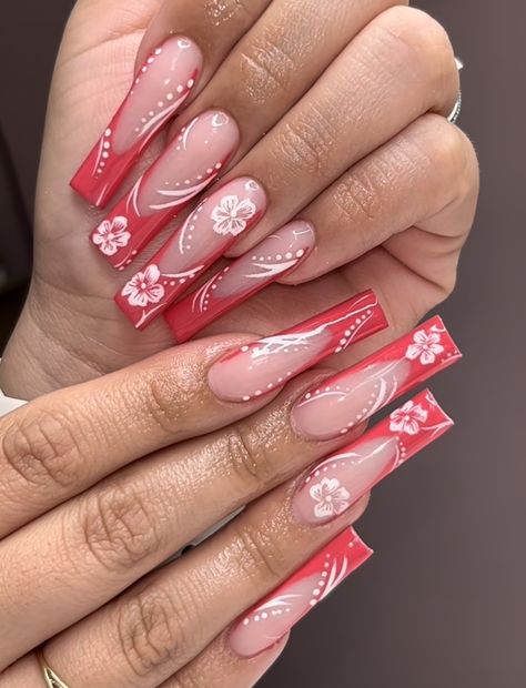 Red Tropical Nails, Red And White Acrylics, Dominican Republic Nails, Dominican Nails, Country Acrylic Nails, Long Acrylic Nail Designs, Summery Nails, Girly Acrylic Nails, Vibrant Nails