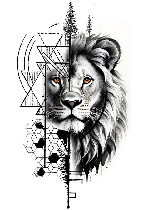 Lion Leo Tattoo Men, Geometric Leo Tattoo, Lion Geometric Design, Sleeve Tattoos For Guys Family, Realistic Spider Tattoo, Mandala Lion Tattoo, Geometric Tiger Tattoo, Mosaic Tattoo, Disney Stitch Tattoo