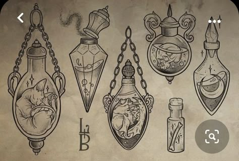 Witch Bottles Drawing, Vile Tattoo Design, Witchy Bottles Drawing, Witch Potion Tattoo, Witchy Bottle Tattoo, Witch Tattoo Filler, Fairy In A Bottle Tattoo, Spell Jar Tattoo Design, Potion Bottle Sketch