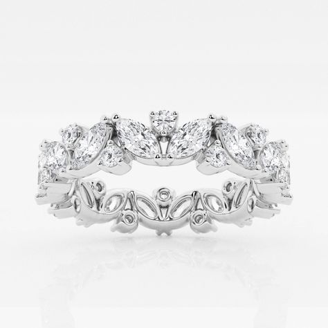 Flower power has never looked so elegant. Dazzling lab grown marquise and round diamonds come together to make a petal-like motif in this beautiful eternity band. This ornate marquise and round diamond eternity band can be styled solo, or as the standout piece in a ring stack. Marquise Diamond Band, Round Diamond Eternity Band, 1 Carat Engagement Rings, Expensive Diamond, Fake Diamond, Diamond Eternity Ring, Ring Stack, Yellow Gold Engagement, Yellow Gold Engagement Rings