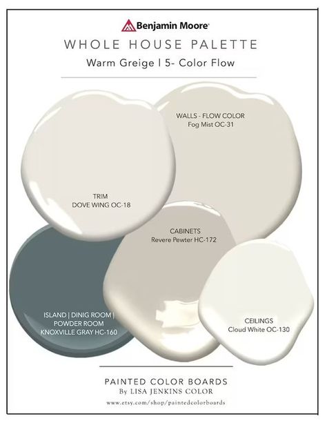 Benjamin Moore Warm Greige Paint Palette 18x12 Painted Color Boards Revere Pewter Fog Mist Dove Wing Cloud White Knoxville Gray - Etsy Knoxville Gray, Dove Wing, Greige Paint Colors, Greige Paint, Painting Walls, Color Boards, Paint Color Inspiration, House Color Palettes, Revere Pewter