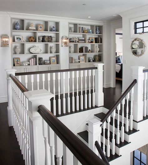 California Beach House, Staircase Remodel, Classic Coastal, Upstairs Hallway, Dream Beach Houses, Bookshelf Styling, Wall Bookshelves, Coastal Interiors, Green Decor