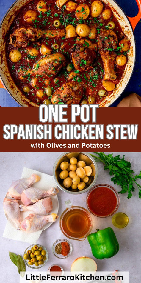 If you are looking for a flavorful one pot chicken recipe that's perfect to make any night of the week, you will love this Spanish chicken stew! Inspired by Pollo Guisado, this robust chicken stew features bold spices, tender chicken and a rich tomato sauce with olives and potatoes. Chicken Tomato Stew, Homemade Sazon, Spanish Chicken Stew, Chicken Thigh Stew, Sazon Recipe, Chicken Thighs And Drumsticks, Spanish Chicken Recipes, Chicken Legs Slow Cooker Recipes, Spanish Stew