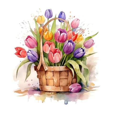 Vector a basket of tulips is shown in wa... | Premium Vector #Freepik #vector Tulip Clipart, Watercolor Succulents, Watercolor Tulips, Tulips In Vase, Tulip Bouquet, Easter Flowers, Purple Tulips, 수채화 그림, Red Tulips