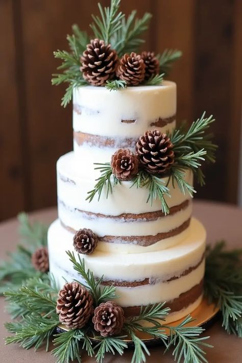 24 Winter Wedding Cake Ideas That'll Make Your Special Day Best Wedding Cake Icing, February Wedding Cake Ideas, Small Winter Wedding Ideas Simple, White Winter Wedding Cake, Woodsy Cake Ideas, Wedding Cake Forest Green, Christmas Theme Wedding Cake, Small Winter Wedding Cake, Winter Vow Renewal Ideas