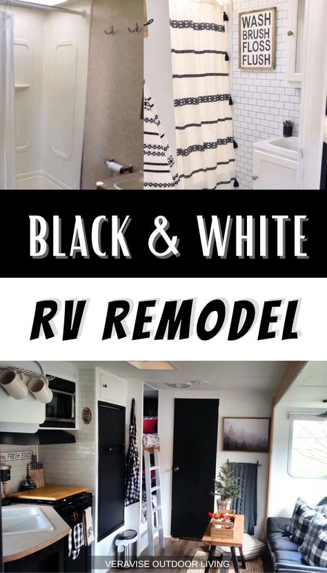 Black Cabinets Rv, Black And White Rv Decor, Black And White Rv Remodel, Black And White Camper Remodel, Black And White Rv Interior, Black And White Camper Interior, Remodeling Campers Interior, Camper Renovation Ideas, Rv Remodel Ideas