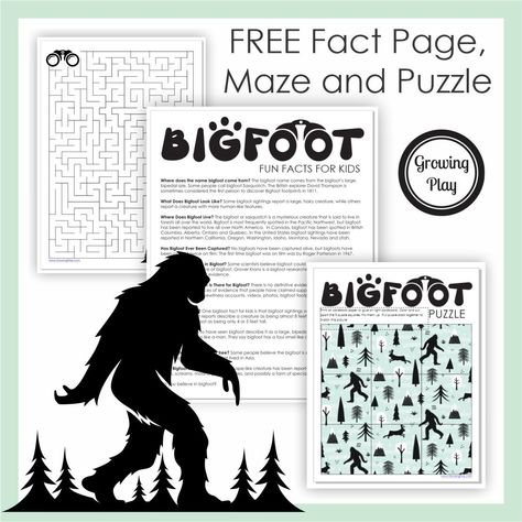 Here are some bigfoot facts for kids to help them learn more about this legendary creature. Download free puzzle pages too! Download your FREE packets for kids! #factsforkids #growingplay Bigfoot Scavenger Hunt, Bigfoot Birthday Party, Sasquatch Party, Cryptid Club, Bigfoot Party, Camping Preschool, Camp Themes, Bigfoot Birthday, Finding Bigfoot