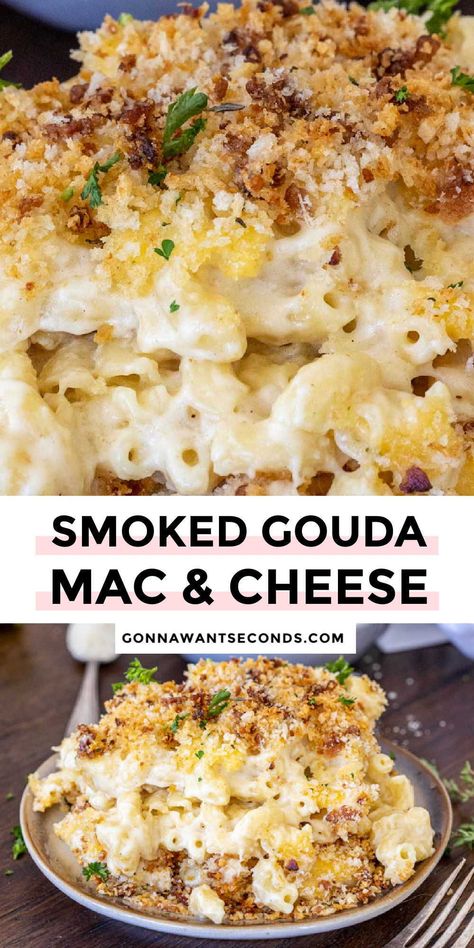 *NEW* Smoked gouda mac and cheese has tender al dente pasta in a super creamy, velvety cheese sauce, topped with a buttery, crunchy crumb topping. It’s so gouda! #macandcheese #macaroniandcheese Elevated Mac And Cheese Recipe, Gouda Macaroni And Cheese, Asiago Mac And Cheese, Gouda Pasta Sauce, Homemade Gouda Mac And Cheese Recipe, How To Make Gouda Cheese, Mac And Cheese With Smoked Gouda, Mac And Cheese Recipe Gourmet, Guada Mac And Cheese