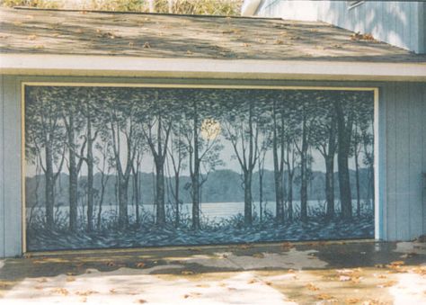 Garage door with tree mural in Indiana, USA. By Jonathan Talbot. Garage Door Art, Garage Murals, American Clay Plaster, Earth Plaster, Garage Mural, Garage Door Mural, Craftsman Front Doors, American Clay, Trendy Door