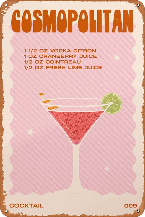 Drink Recipes Poster, Cosmopolitan Drink Poster, Alcohol Art Print, Alcohol Posters Aesthetic, Drinks Wallpaper, Alcohol Prints, Pin Board Ideas, Cocktail Posters, Cocktail Illustration