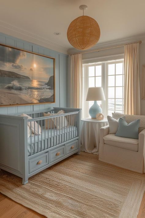 42 Neutral Nursery Ideas: Calming Spaces for Your Bundle of Joy Neutral Nursery With Wallpaper, Blue Hydrangea Nursery, Beachy Kids Room, Gender Neutral Coastal Nursery, Baby Room Ocean Theme, Mediterranean Nursery, Coastal Nursery Ideas, Coastal Nursery Neutral, Ocean Nursery Boy