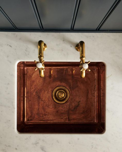 deVOL Aged Copper Single Sink | deVOL Kitchens Sink With Brass Faucet, Copper In The Kitchen, Copper Countertops, Copper Counter, Copper Bar Sink, Brass Faucets, Copper Kitchen Sink, Devol Kitchens, Barn Kitchen