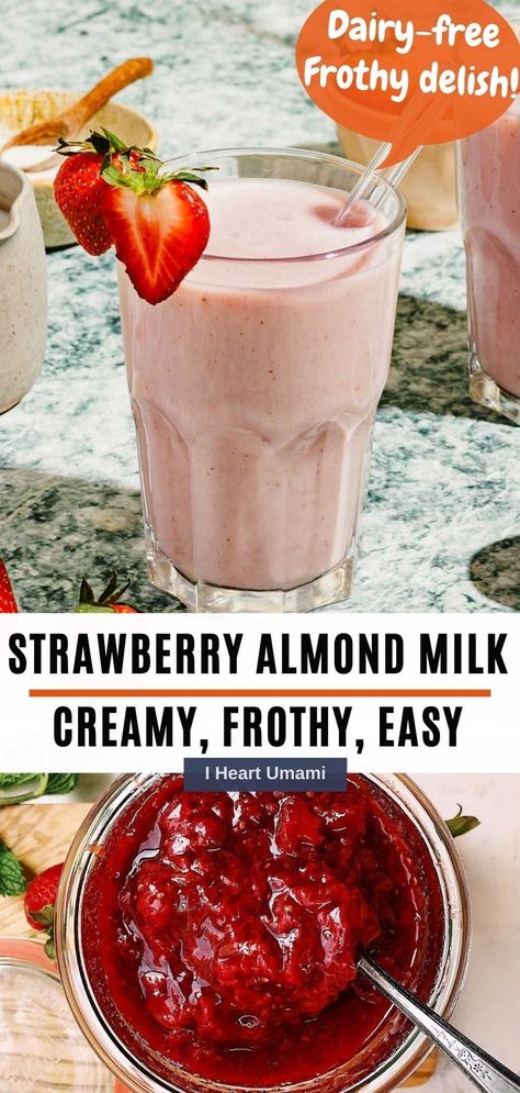 Make homemade Strawberry Almond Milk in 1 minute! Sweetened with maple syrup, protein-boosted, and made with just 5 simple ingredients. #strawberrymilk #dairyfreemilk #strawberryrecipes #strawberries #summerdrinks #smoothie #healthysmoothie #lowsugardrinks Recipes With Almond Milk, Gluten Free Stir Fry, Umami Recipes, Homemade Takeout, Diy Almond Milk, Gluten Free Asian Recipes, Strawberry Almond Milk, Low Sugar Drinks, Stir Fry Recipes Healthy