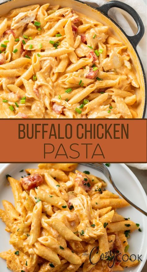 buffalo Chicken Pasta in a skillet with tomatoes Pizza Pasta Recipe, The Cozy Cook, Cozy Cook, Buffalo Chicken Pasta, Cheap Meal Ideas, Easy Skillet, Favorite Recipes Dinner, Cheap Meal, One Pot Meal