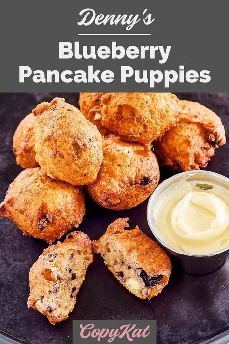 Pancake Puppies Recipe, Cream Cheese Dipping Sauce, Dennys Pancakes, Pancake Puppies, Pancake Puffs, Pancake Balls, Cheese Dipping Sauce, Berry Pancakes, Blueberry Pancake