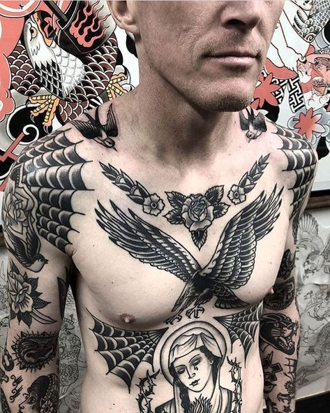 American Traditional Tattoo Sleeve Men, Traditional Tattoo Torso, Traditional Shoulder Tattoo, American Traditional Tattoo Sleeve, Traditional Chest Tattoo, Traditional Tattoo Black And White, Collar Tattoo, Traditional Tattoo Man, Tato Tradisional