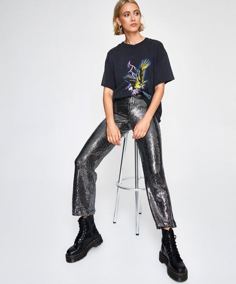 Free People - Shine On Trousers Shimmer Black 275.00 AUD Sequin Trousers, Spot Popping, Shine On, Free People Black, Black Spot, Pop Fashion, Alternative Fashion, Straight Leg Pants, Black Fabric