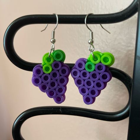 Perler Beads Grapes Earrings. Hand Crafted By A Young Artist. New, Never Worn. Happy To Bundle With Other Items Posted! Take A Look On Other Perler Bead’s Earrings Posted On My Poshmark Closet! Purple Perler Beads, Perler Bead Earrings Patterns, Perler Beads Earrings, Perler Earrings, Grape Earrings, Kids Accessories Jewelry, Easy Perler Beads Ideas, Melty Beads, Perler Crafts