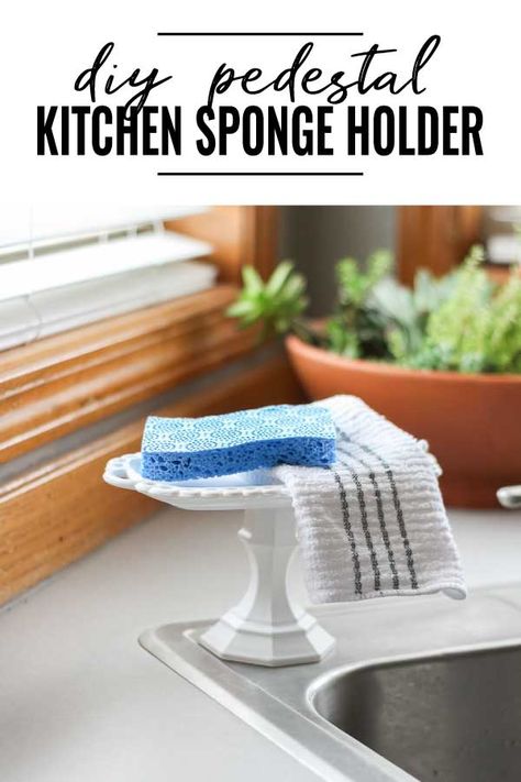 DIY Pedestal Kitchen Sponge Holder Sponge Holder Ideas, Diy Sponge Holder, Kitchen Sponge Holder Ideas, Diy Sponges, Diy Pedestal, Sponge Holder Kitchen, Kitchen Sponge Holder, White Spray Paint, Diy Kitchen Decor