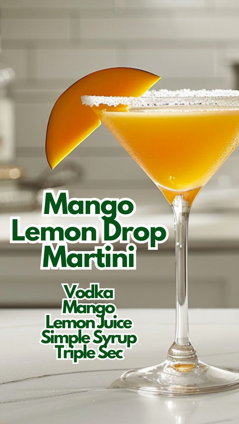 Mango Lemon Drop Martini Mango Lemon Drop, Mango Martini Recipe, Mango Martini, Lemon Drop Cocktail, Season Recipes, Bartender Drinks, Alcholic Drinks, Cocktail Drinks Alcoholic, Lemon Drop Martini