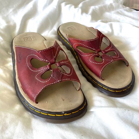 Maroon wine burgundy sandals slides by dr marten with butterfly cut out. Rare and vintage. Available on depop. Eu 40 Vintage Doc Sandals, Vintage Dr Marten Sandals, Sandals Vintage, Vintage Dr Martens, Rare Aesthetic, Doc Sandals, Dr Martens Sandals, Hippie Shoes, Rare Clothing