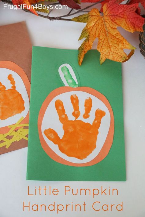 Little Pumpkin Handprint Card - Make it to send or as a keepsake! Pumpkin Handprint, Hand Print Art, Halloween Crafts For Toddlers, October Crafts, Easy Fall Crafts, Manualidades Halloween, Zucca Halloween, Fall Craft, Finger Print