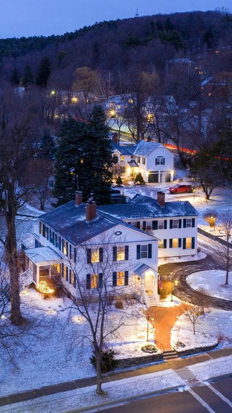 Drone shot of Swift House Inn by Caleb Kenna. Located in Middlebury, Vermont, this historic bed & breakfast is especially cozy on a snowy winter evening. Vermont Winter, Middlebury Vermont, Bed And Breakfast Inn, Winter Evening, Snowy Winter, Starter Home, Bed Breakfast, Family Traditions, Bed And Breakfast