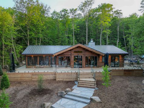 See a cedar cottage dream come to life in a spectacular lakeside retreat Cedar Cottage, Lindal Cedar Homes, Lakeside Retreat, Granite Fireplace, Front Door Makeover, Cedar Log, Vacation Cottage, Lakeside Cottage, Cedar Homes