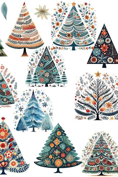 Scandinavian Christmas Tree Art, Cute Xmas Tree Drawing, Scandinavian Christmas Pattern, Scandinavian Christmas Art, Xmas Ornaments Diy Ideas, Scandinavian Christmas Illustration, Yule Images, Scandinavian Folk Art Patterns, Xmas Moodboard