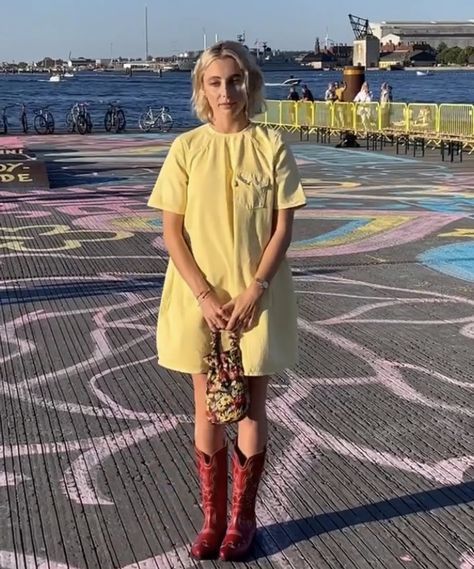 emma chamberlain at ganni's spring summer 2023 fashion show at copenhagen fashion week.. Emma Chamberlain Fashion Week, Emma Chamberlain Copenhagen, Emma Chamberlain Ganni, Emma Chamberlain Outfits 2023, Emma Chamberlain 2023, Emma Chamberlain Dress, Emma Chamberlain Summer Outfits, Copenhagen Aesthetic Style, April Journal