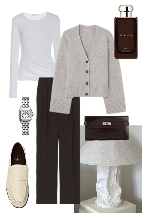 Work at home, dark brown tones, Chocolate outfit, The Row, Hermes, Cardigan look The Row Loafers Outfit, The Row Inspired Outfits, Cool Outfits For Work, Brown Tones Outfit, The Row Outfits, The Row Aesthetic, Cardigan Winter Outfit, Jo Malone Aesthetic, Brown Tone Outfits